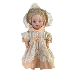 Vintage Eegee Softina Baby Doll Peach Dress Bonnet 1950s Vinyl 17” EG Marked